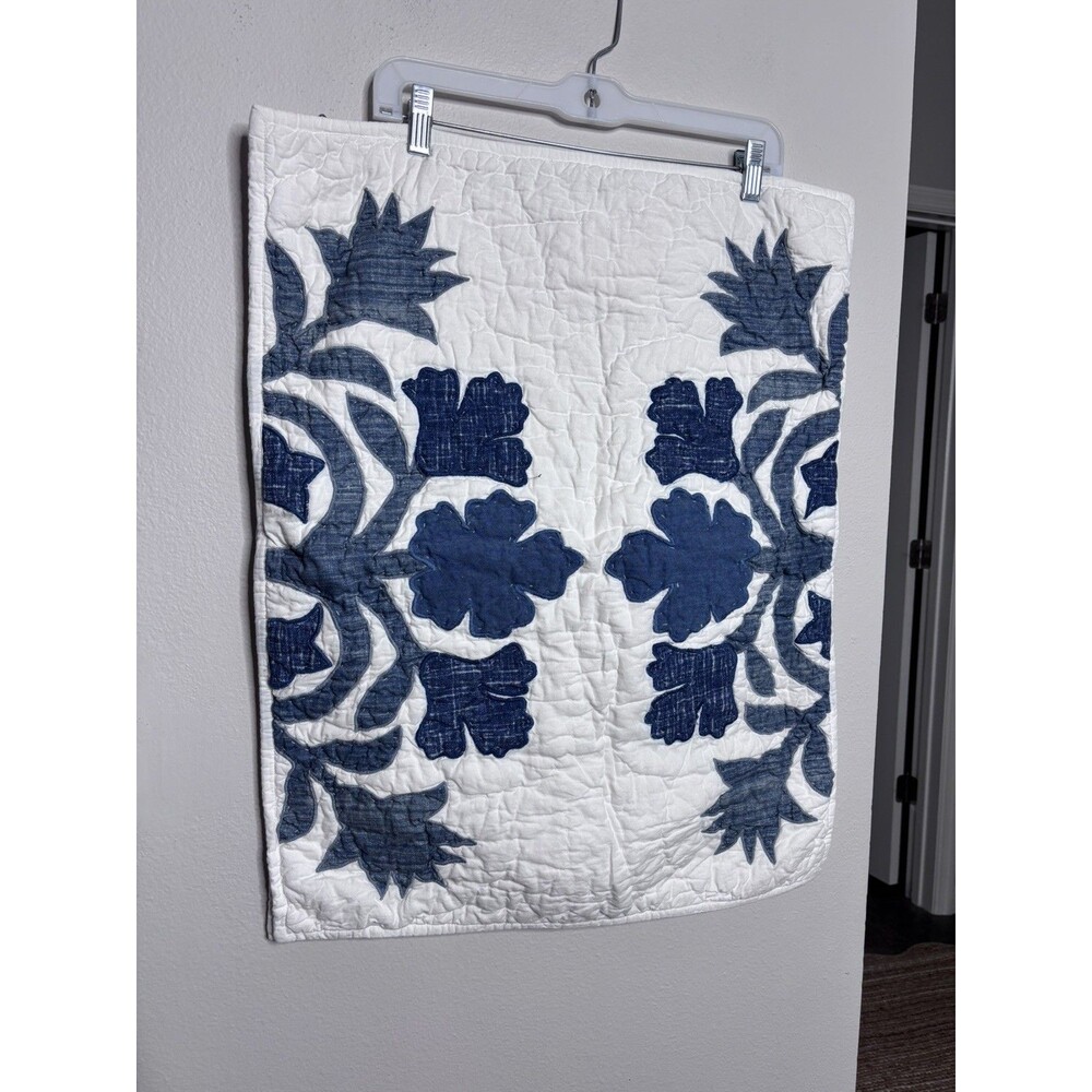 TWO Pottery Barn Mahalo Hawaiian Cotton Applique Standard Shams, Blue, Coastal